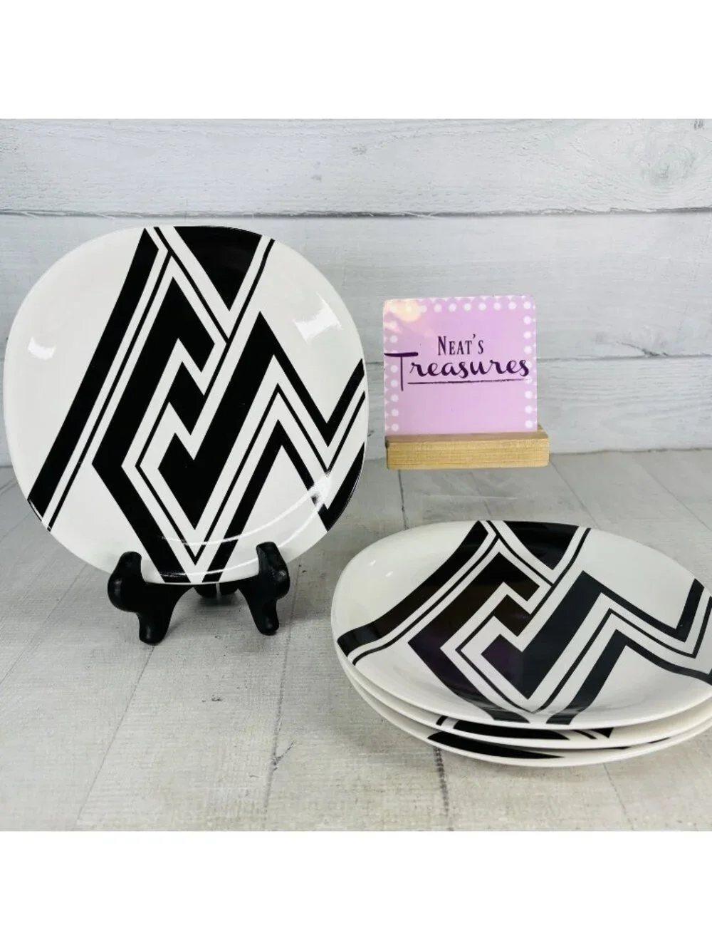 Pier 1 Imports OPTIK White Black Geometric Design Ceramic Salad Plates Set of 4
